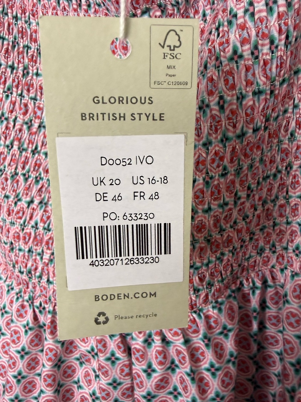 Boden NWT Square Neck Smocked Midi Dress Ivory Circle Stamp Pink Green US 16/18 - Picture 5 of 11